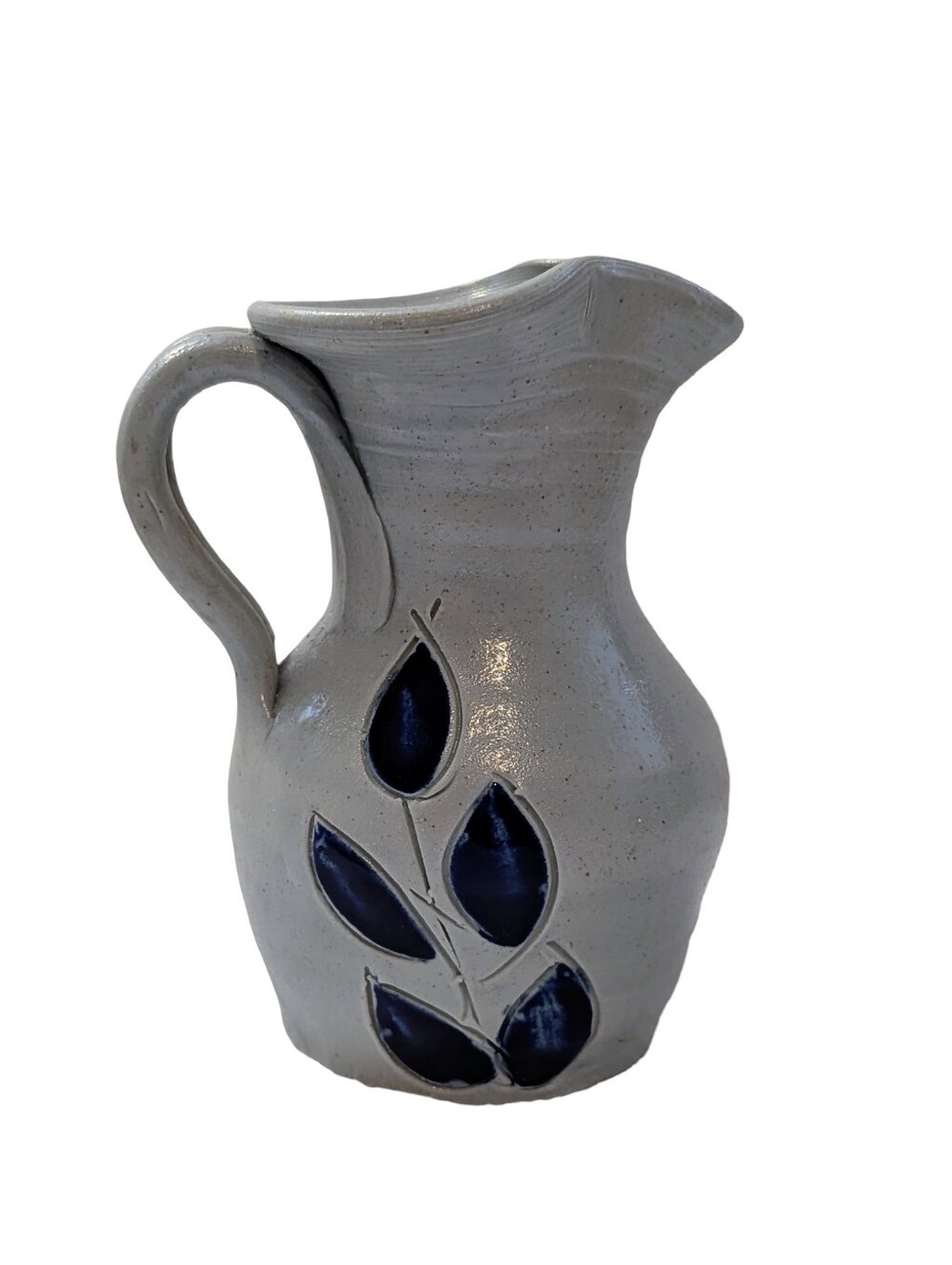 Vintage Williamsburg Pottery Salt Glazed Stoneware Pitcher Creamer Blue Leaf